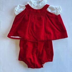 Vintage Cherubs Infant 12M Red White 3 Piece Set Holiday Christmas Bloomers Lace
